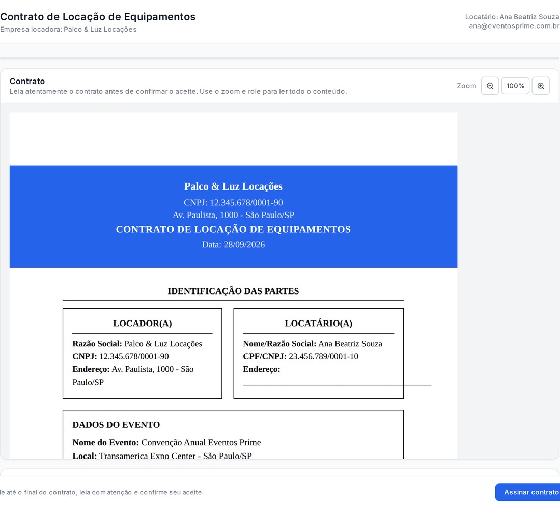 Contrato gerado a partir da locação, pronto para o cliente ler e aceitar online.