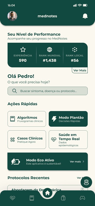 Início com ações rápidas, busca de protocolos e nível de performance.