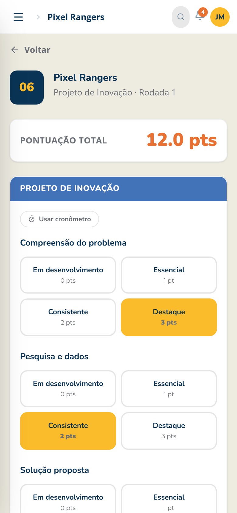 Avaliação do juiz no celular, por rubrica, com a pontuação somada na hora.