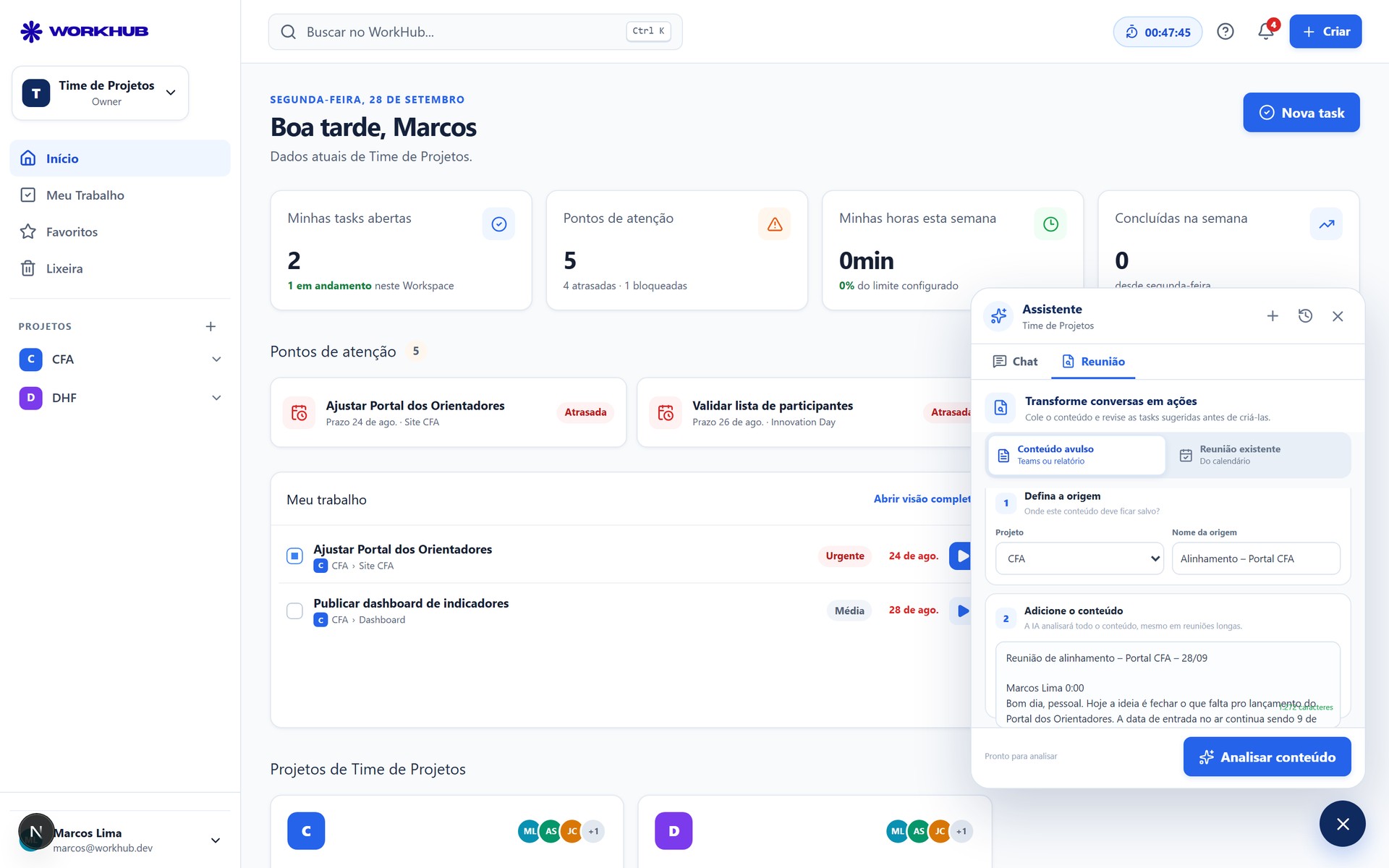 Início: tasks abertas, pontos de atenção e horas da semana, com o assistente aberto ao lado.